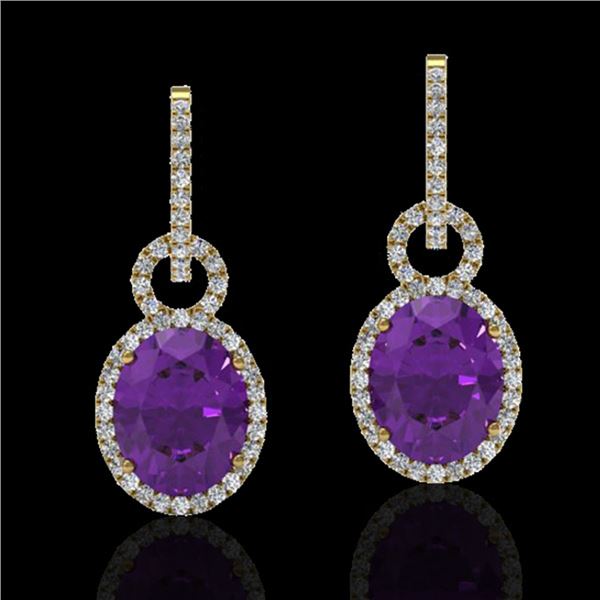 6 ctw Amethyst & Micro Pave Halo VS/SI Diamond Earrings 14k Yellow Gold - REF-98A2N