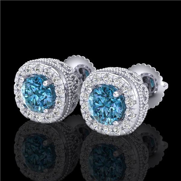 1.69 ctw Fancy Intense Blue Diamond Art Deco Earrings 18k White Gold - REF-176K4Y