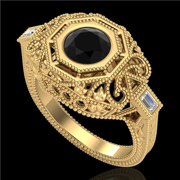 1.13 ctw Fancy Black Diamond Engagment Art Deco Ring 18k Yellow Gold - REF-140N2F