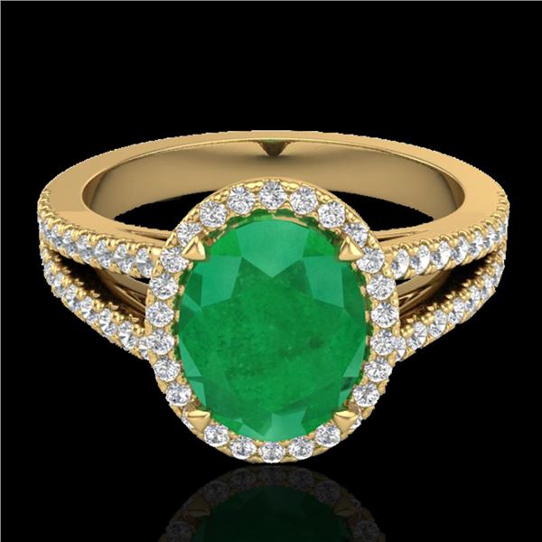 3 ctw Emerald & Micro VS/SI Diamond Halo Solitaire Ring 18k Yellow Gold - REF-83F6M