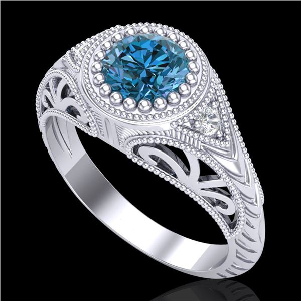 1.07 ctw Fancy Intense Blue Diamond Art Deco Ring 18k White Gold - REF-200X2A