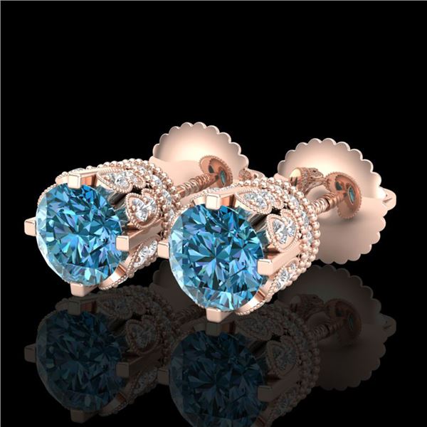 3 ctw Fancy Intense Blue Diamond Art Deco Earrings 18k Rose Gold - REF-349W3H