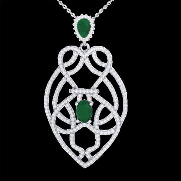 3.50 ctw Emerald & Micro VS/SI Diamond Heart Necklace 14k White Gold - REF-179Y6X