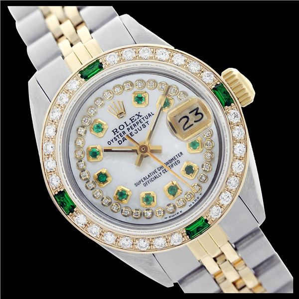 Rolex Ladies Two Tone 14K Gold/SS, Diam/Emerald Dial & Diam/Emerald Bezel, Sapphire Crystal