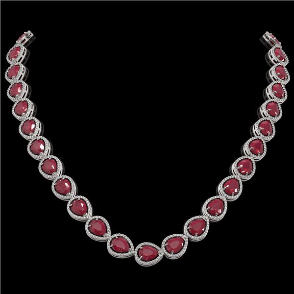 64.01 ctw Ruby & Diamond Micro Pave Halo Necklace 10k White Gold - REF-854A5N