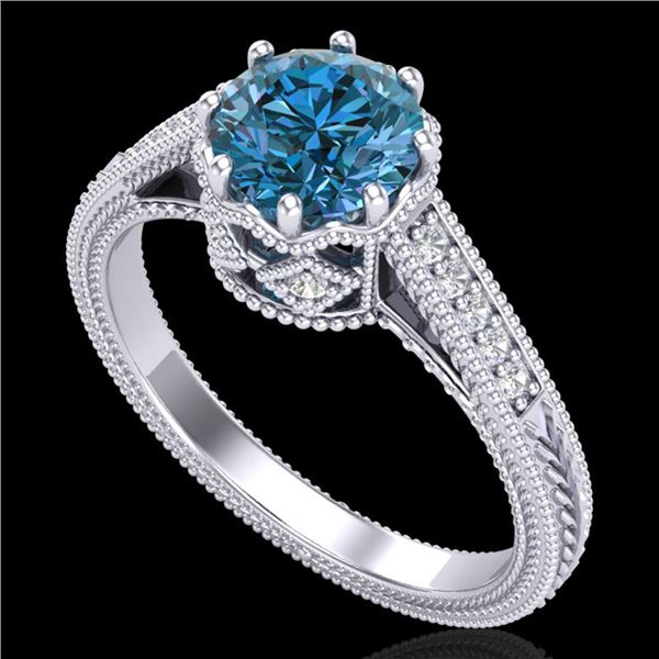 1.25 ctw Fancy Intense Blue Diamond Art Deco Ring 18k White Gold - REF-218K2Y