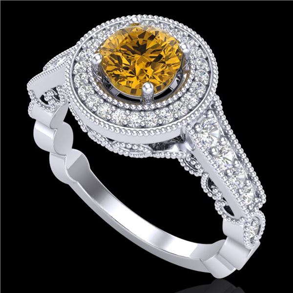 1.12 ctw Intense Fancy Yellow Diamond Art Deco Ring 18k White Gold - REF-167X3A