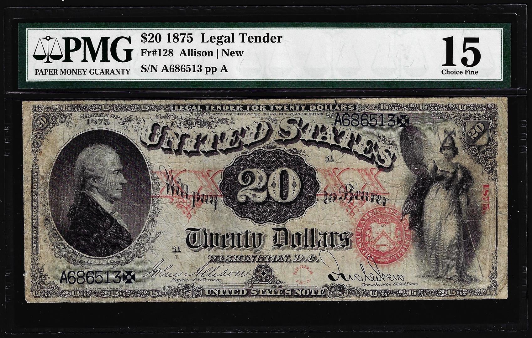 1875 $20 Legal Tender Note Fr.128 PMG Choice Fine 15