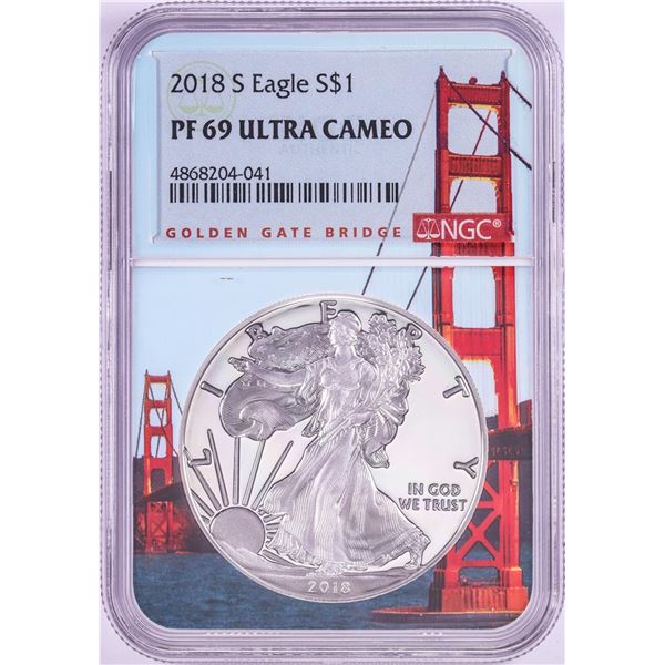 2018-S $1 Proof American Silver Eagle Coin NGC PF69 Ultra Cameo Bridge Core