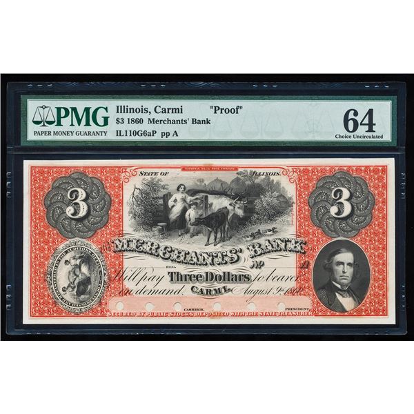1860 $3 Merchant's Bank Carmi, IL Proof Obsolete Note PMG Choice Uncirculated 64