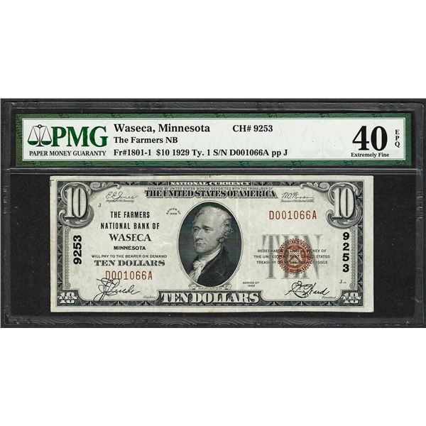 1929 $10 NB of Waseca, MN National Currency Note CH# 9253 PMG Extremely Fine 40EPQ