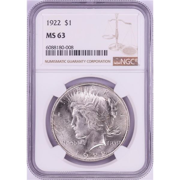 1922 $1 Peace Silver Dollar Coin NGC MS63