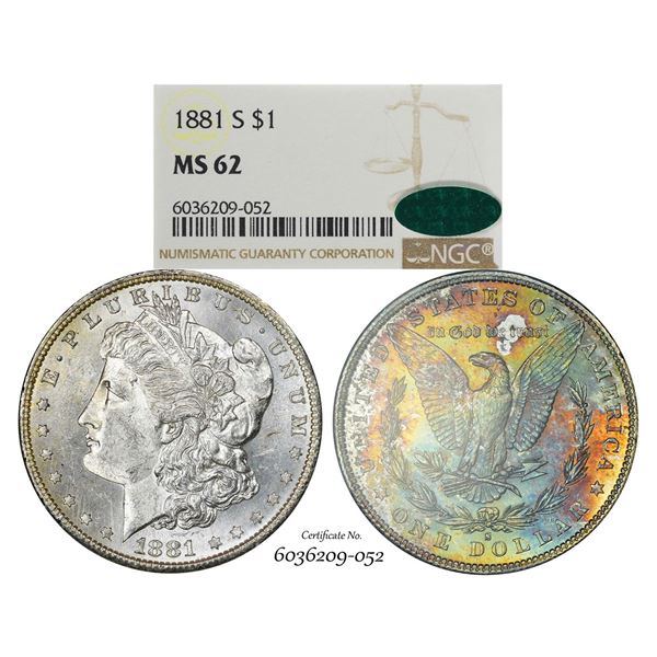 1881-S $1 Morgan Silver Dollar Coin NGC MS62 CAC Amazing Toning