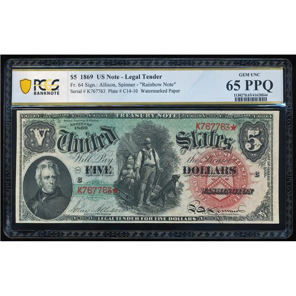 1869 $5 Rainbow Woodchopper Legal Tender Note Fr.64 PCGS Gem Uncirculated 65PPQ