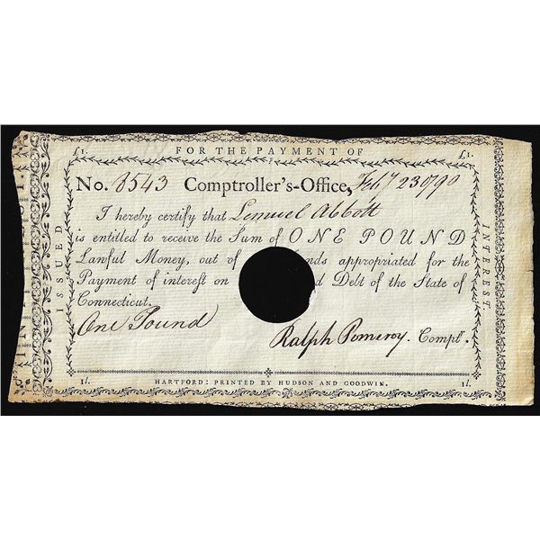 February 23, 1790 State of Connecticut Interest Certificate Colonial Note
