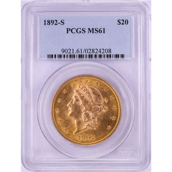 1892-S $20 Liberty Head Double Eagle Gold Coin PCGS MS61