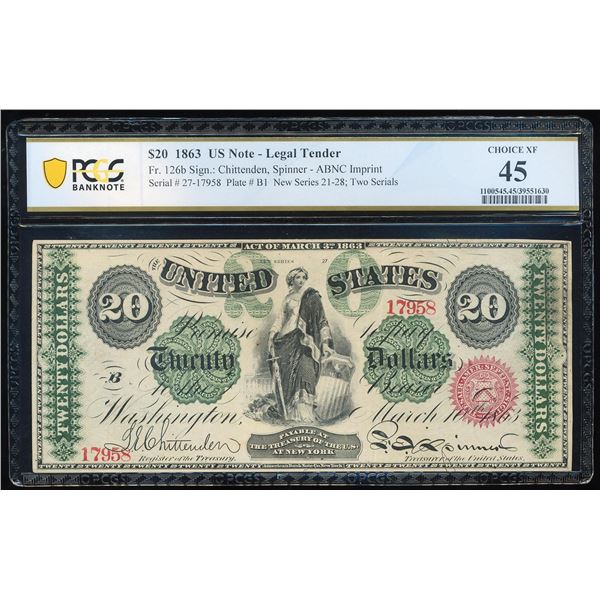 1863 $20 Legal Tender Note Fr.126b PCGS Choice Extremely Fine 45