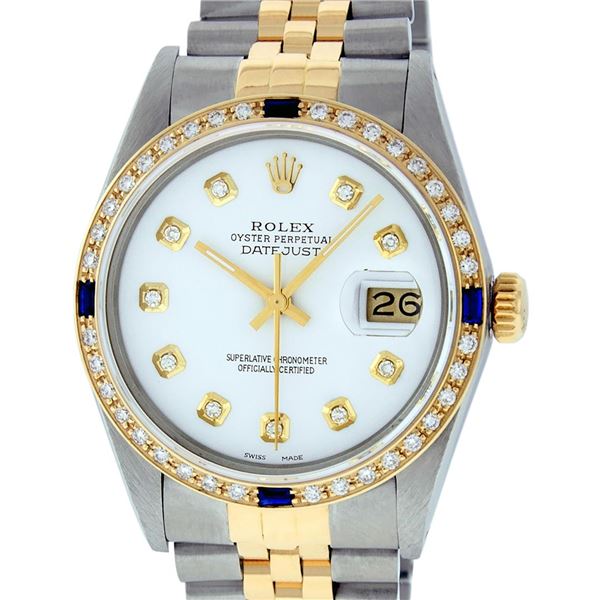 Rolex Mens Two Tone White Diamond & Sapphire Datejust Wristwatch