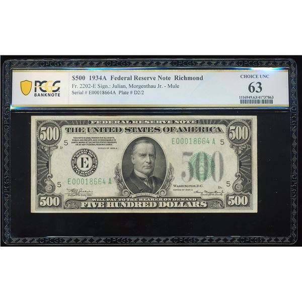 1934A $500 Federal Reserve Note Richmond Fr.2202-E PCGS Choice Uncirculated 63