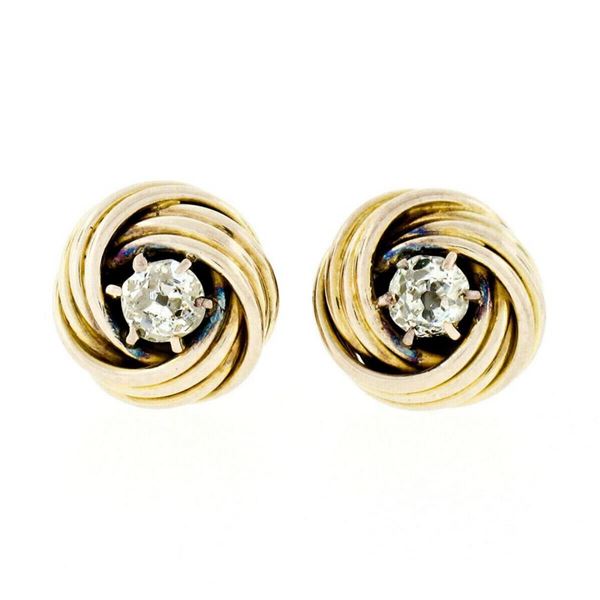 Victorian 14kt Yellow Gold 0.36 ctw Old Mine Cut Diamond Love Knot Stud Earrings