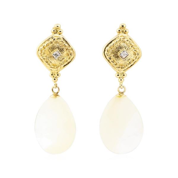 0.04 ctw Diamond and Mother of Pearl Dangle Earrings - 14KT Yellow Gold