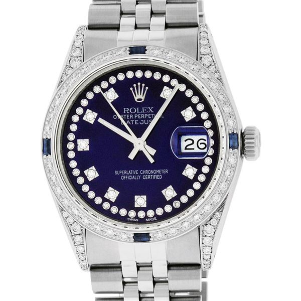 Rolex Mens Stainless Steel Blue String Diamond Lugs & Sapphire Datejust Wristwat