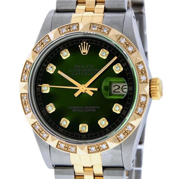 Rolex Mens 2 Tone Green Vignette Pyramid Diamond 36MM Datejust Wristwatch