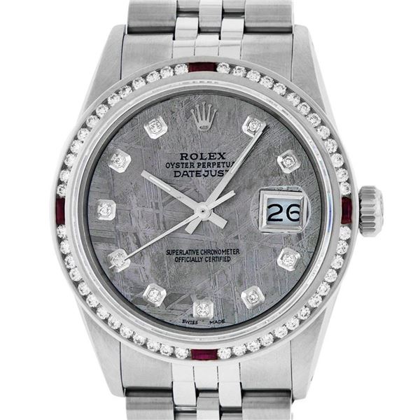 Rolex Mens SS Meteorite Diamond & Ruby Channel Set Diamond Datejust Wristwatch 3