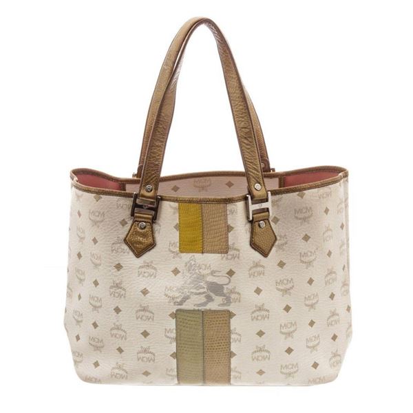 MCM White Visetos Coated Canvas Lion Shopper Tote