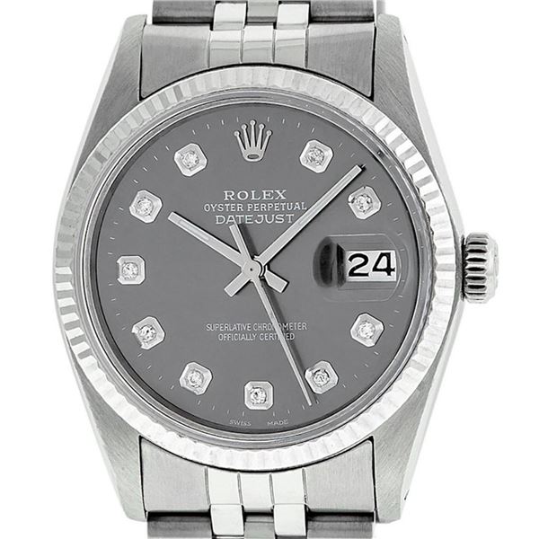 Rolex Mens Stainless Steel Slate Grey Diamond 36MM Datejust Wristwatch