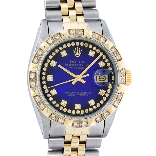 Rolex Mens 2 Tone Blue Vignette String Pyramid Diamond Datejust Wristwatch