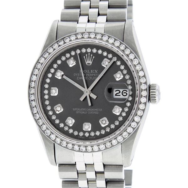 Rolex Mens Stainless Steel Rhodium String Diamond 36MM Datejust Wristwatch