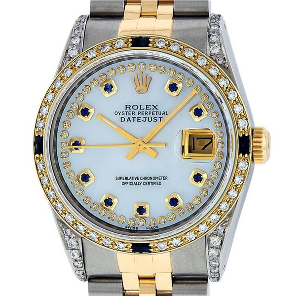 Rolex Mens 2 Tone Lugs MOP Diamond & Sapphire 36MM Oyster Perpetual Datejust