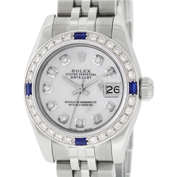 Rolex Ladies Stainless Steel Quickset Mother Of Pearl Diamond & Sapphire Datejus