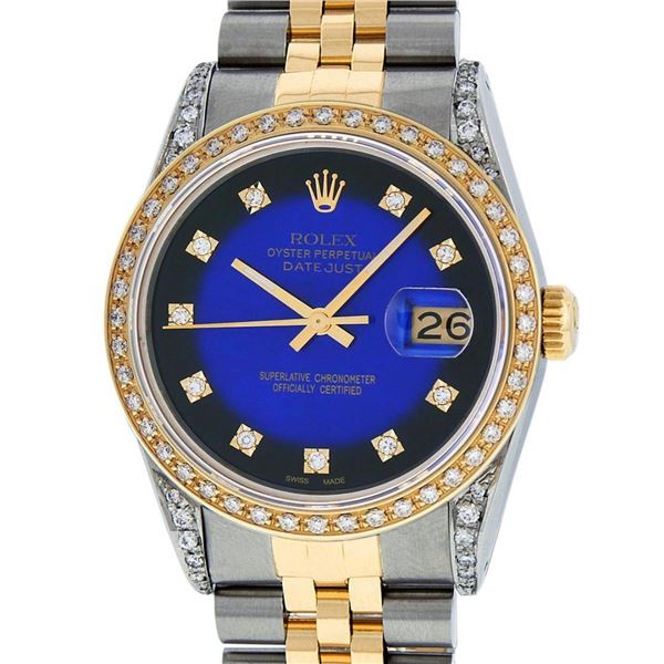 Rolex Mens 2 Tone Blue Vignete Diamond Lugs Datejust Wristwatch