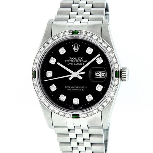 Rolex Mens Stainless Steel Black Diamond & Emerald Oyster Perpetual Datejust Wri