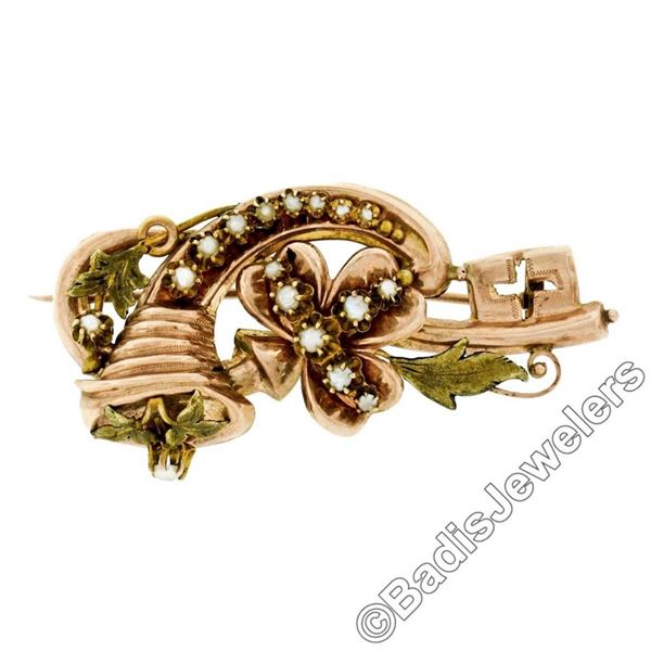 Victorian 12kt Rose & Green Gold Natural Seed Pearl Flower Brooch