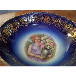 R.S. Germany Gilt Cobalt Garden Portrait Bowl #1793035