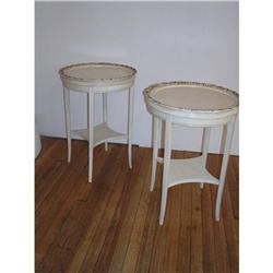 Pair of Round Umbered White Carved End Tables #1817921