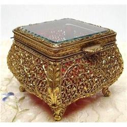 STUNNING BEVELED GLASS&FILIGREE JEWELRY BOX  #1829919