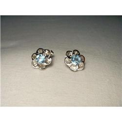 14K WG Gold Diamond Blue Topaz Floral Earrings #1830335