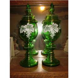 Pair Victorian Cut Green Covered Glass Jar Vase#1842721