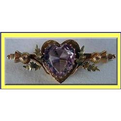 ANTIQUE 9C GOLD AMETHYST BROOCH HEART THISTLE #1843057