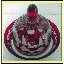 RUBY ENGRAVED BOHEMIAN GLASS BUTTER CHEESE DISH#1843061
