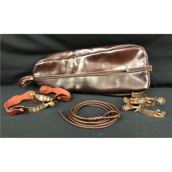 Two Pair of Spurs, Kangaroo Leather "Git Down" Bridle Case