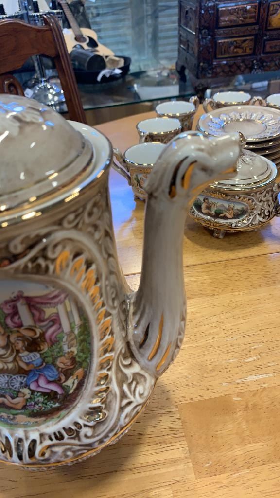 CAPODIMONTE ITALY TEA SET - TEA POT, CREAM AND SUGAR, AND 12 CUPS AND ...