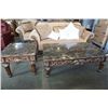 Image 2 : ORNATE BASE STONE TOP COFFEE TABLE AND ENDTABLE - COFFEE 57.5 INCHES X 35.5 X 20 TALL, ENDTABLE 27.5