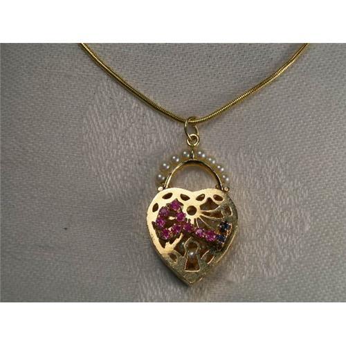 Ruby Yast Lock Estate 14K YG Pearl Ruby Sapphire Lock Pendant #1836774