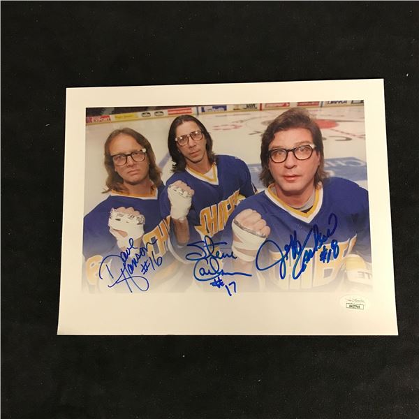 THE HANSON BROTHERS TRIPLE SIGNED 8 X 10 "SLAP SHOT" PHOTO (JSA COA)