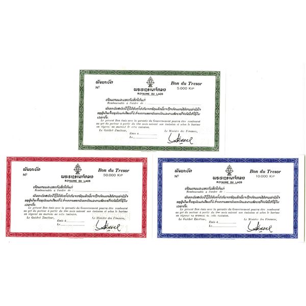 Royaume Du Laos, Bon du Tresor, 1971 Specimen Trio.
